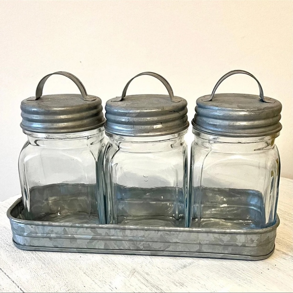 Set of 3 Galvanized Canisters with Tray